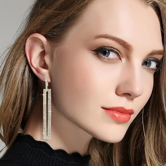 14K Yellow Gold with White Diamond Crystal Geometric Rectangle Post Earrings - Picture 4 of 5